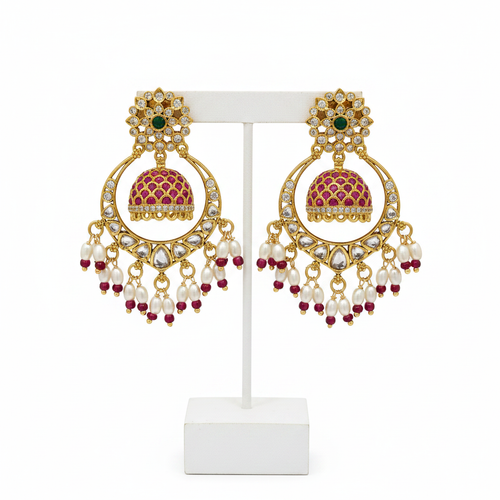 Antique Gold Chandbali Jhumka Earrings on Holder