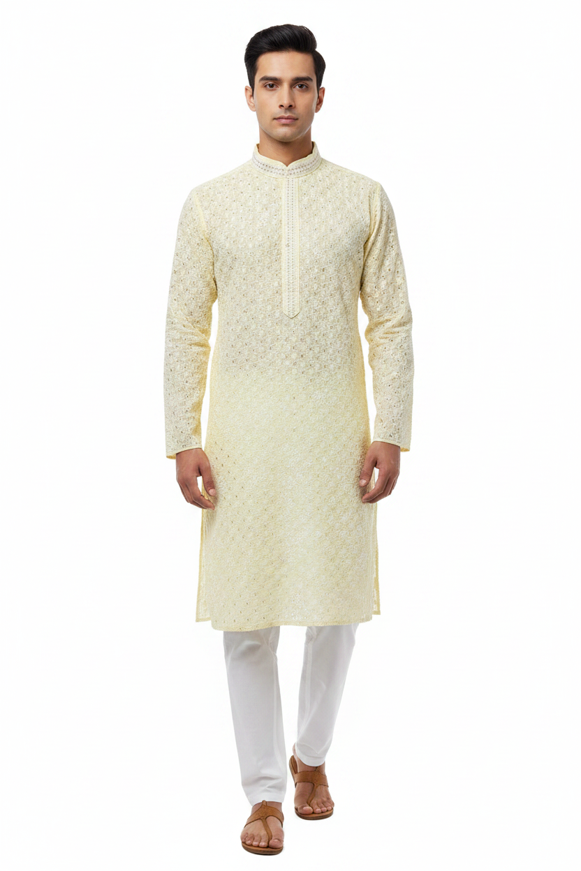 Men's yellow chikankari kurta with white embroidery and white pant set