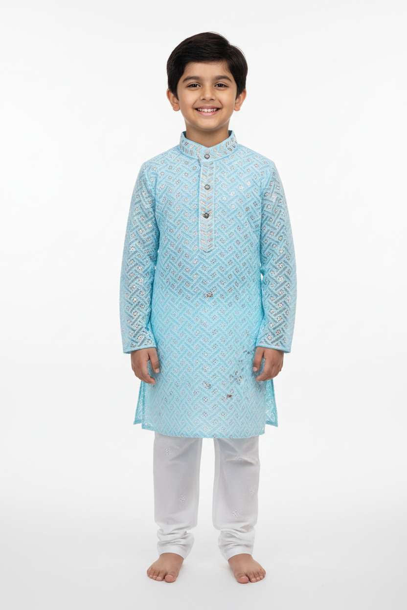 Boys Sky Blue Chikankari Kurta Pyjama Set