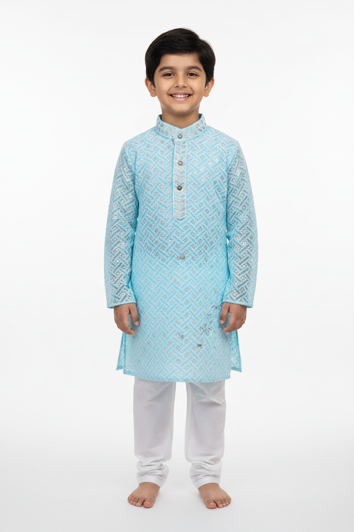 Boys Sky Blue Chikankari Kurta Pyjama Set