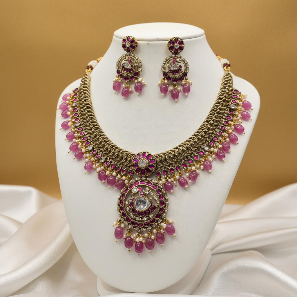Ruby Pink Polki Necklace Set - Display