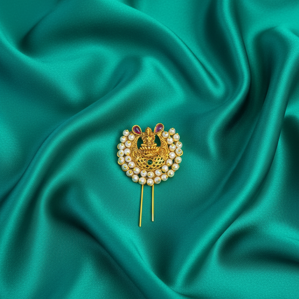 Lakshmi Temple Hair Pin on teal satin