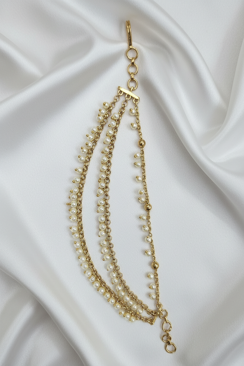 Gold Pearl Beaded Ear Chain on White Satin