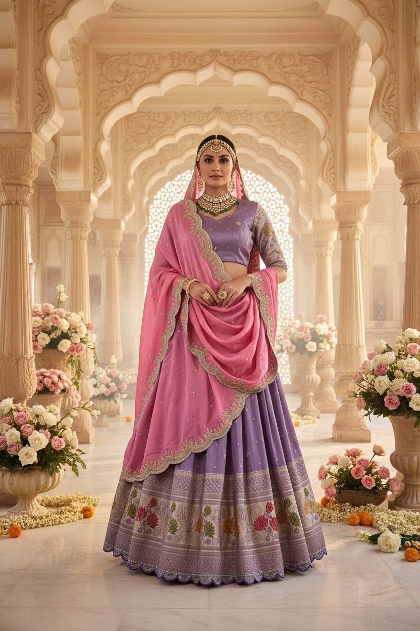 Lavender Viscose Tissue Lehenga Set - editorial model shot