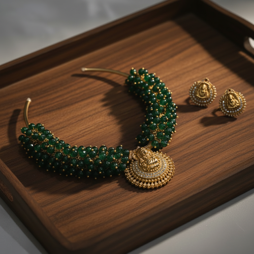 Dark Green Lakshmi Temple Choker Set on wooden tray