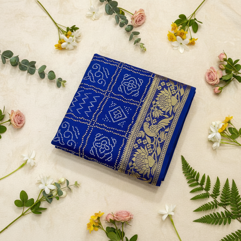 Blue Bandhani Kanjivaram saree on cream background with flowers