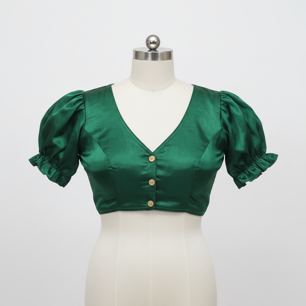 Puff Sleeve Silk Blouse - Green