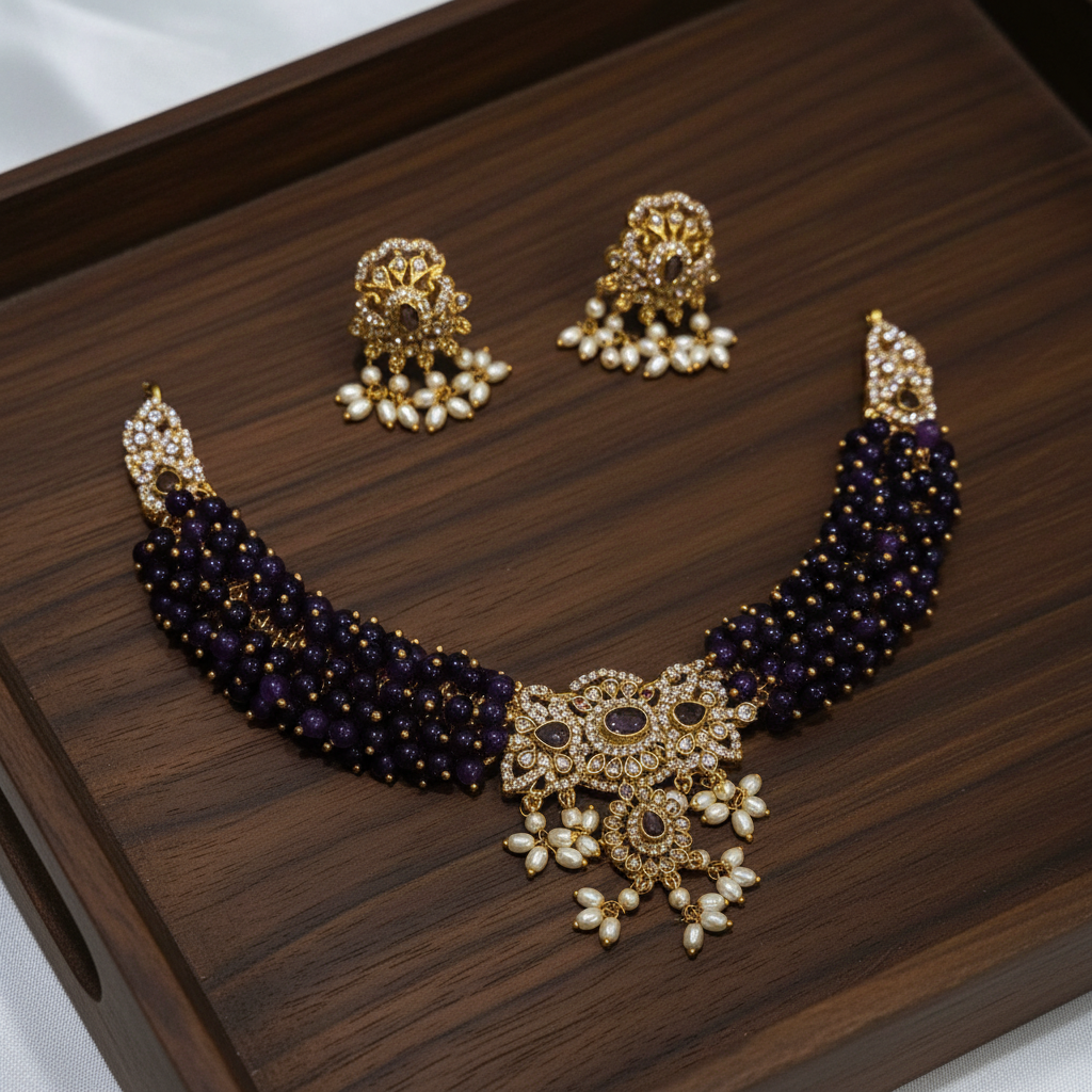 Purple polki choker set on wooden tray