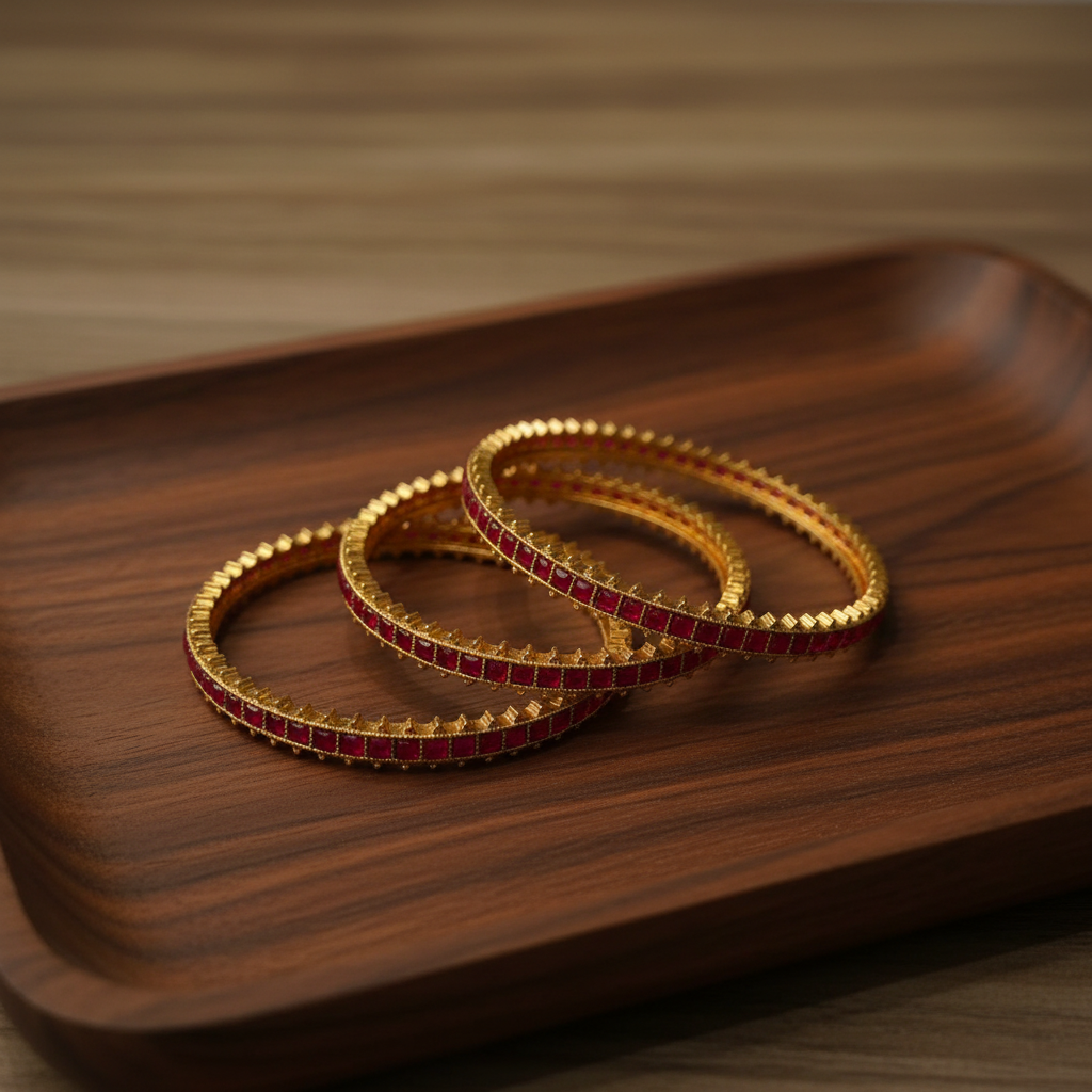 Ruby red stone bangles on wooden tray