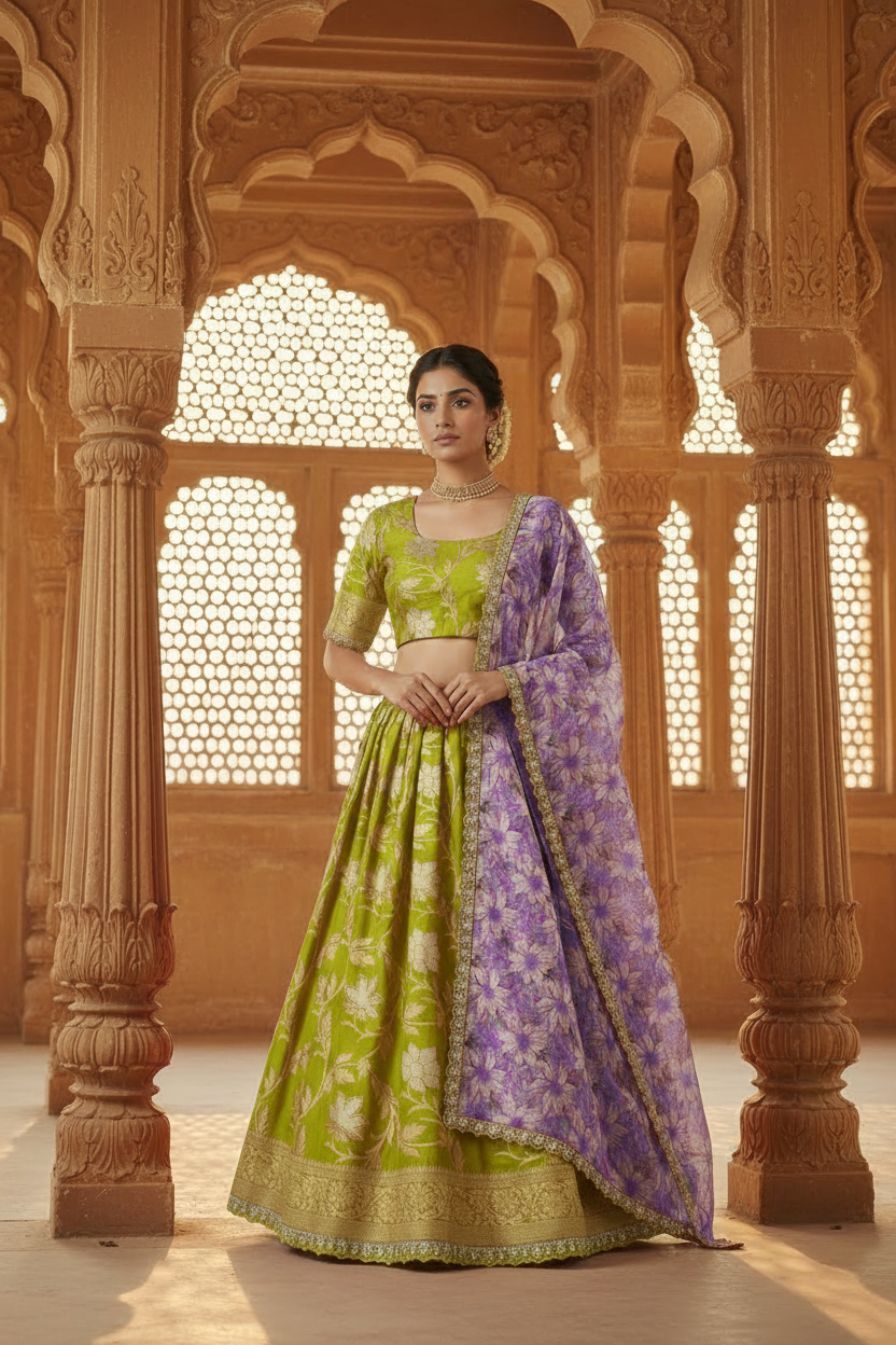 Golden Khadi Lehenga Set Olive Green - palace editorial shot