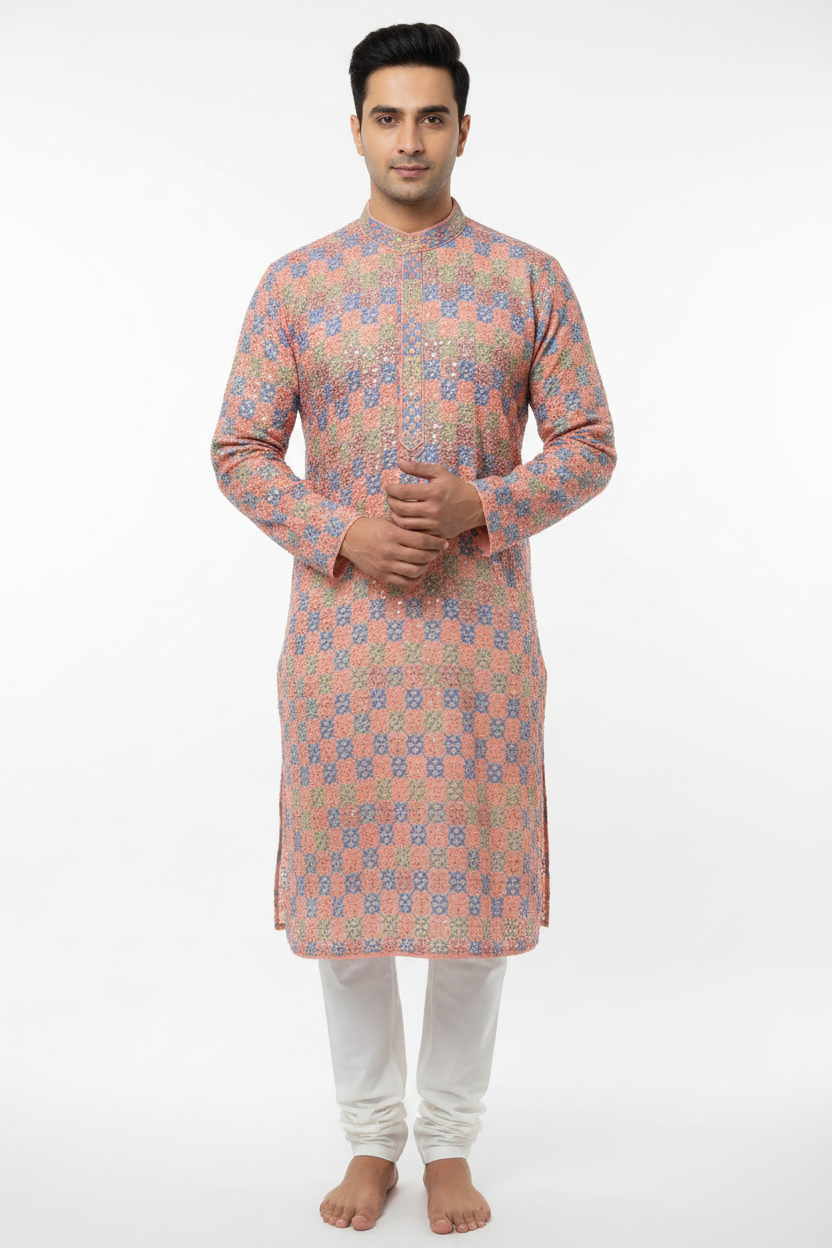 Men's Peach Multicolour Chikankari Kurta Pyjama Set