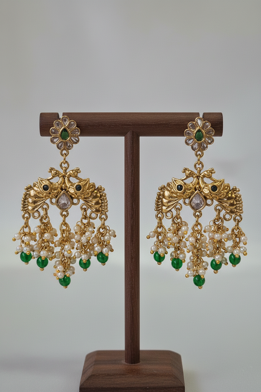 Gold Peacock Earrings - dark brown stand