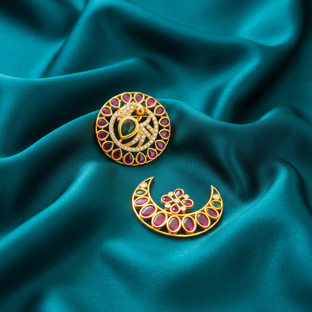 Peacock Disc & Crescent Moon Brooch Set on teal satin