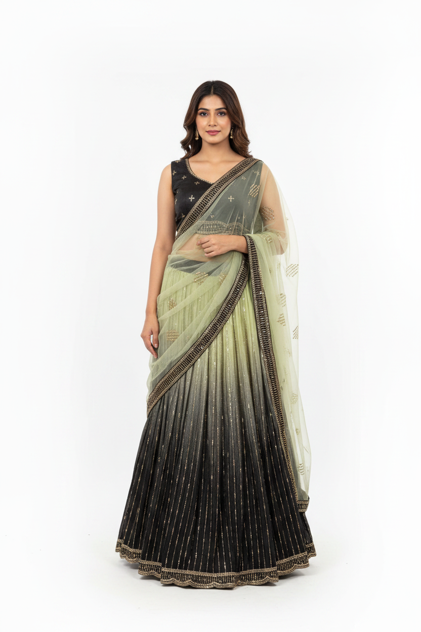 Black Sage Green Ombre Lehenga Choli - Model Shot