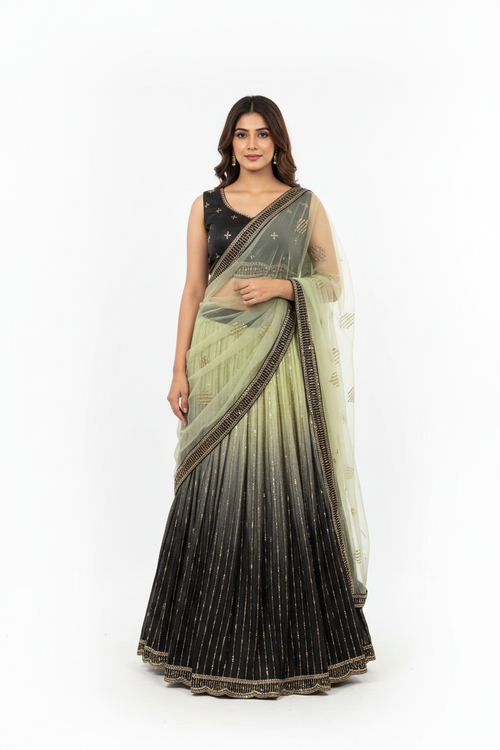 Black Sage Green Ombre Lehenga Choli - Model Shot