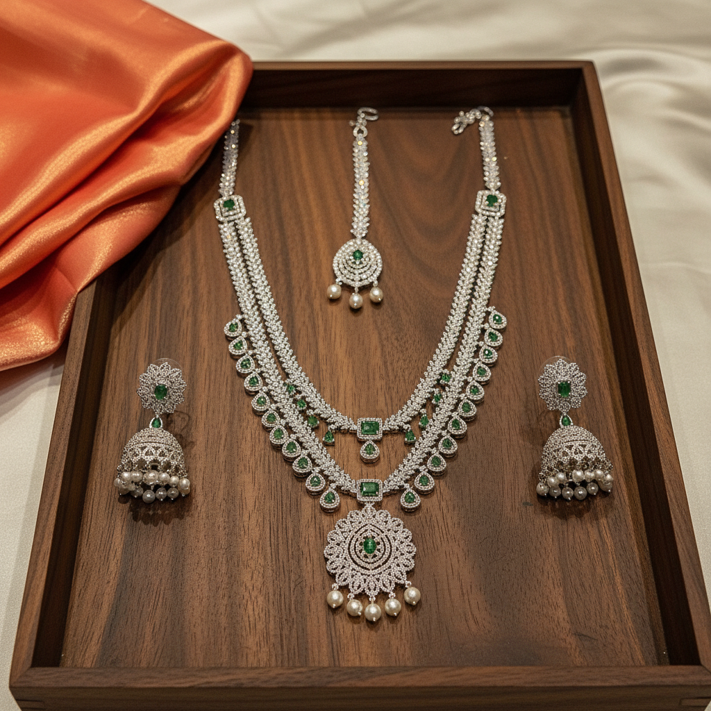 Silver emerald bridal necklace set on wooden tray