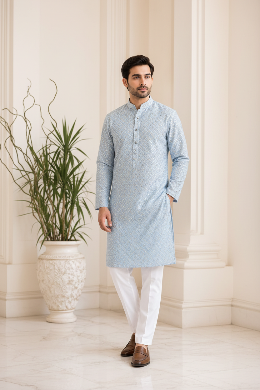 Premium Men's Kurta Light Blue - model shot