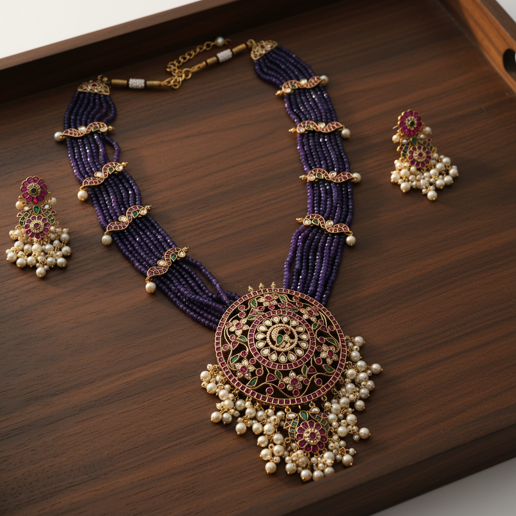 Purple kundan necklace set on wooden tray