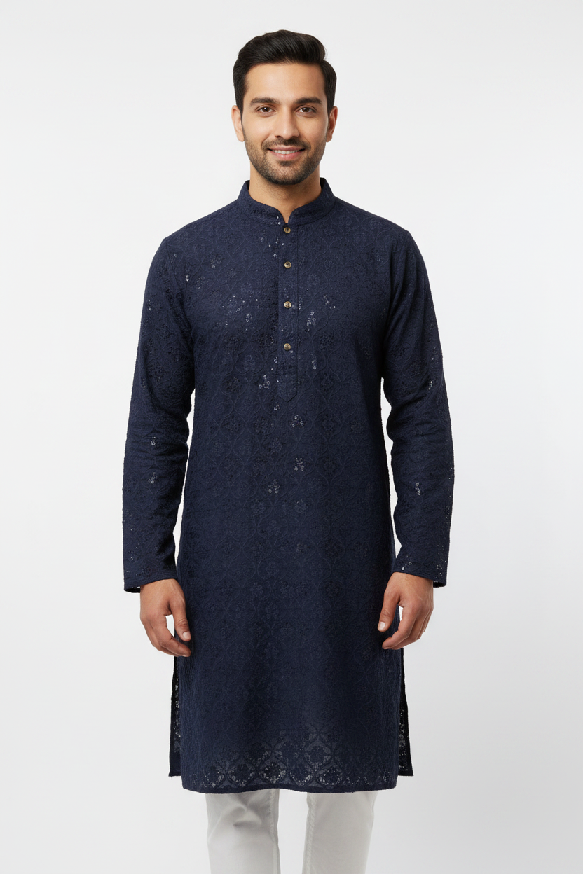 Men's Navy Blue Chikankari Kurta Pyjama Set