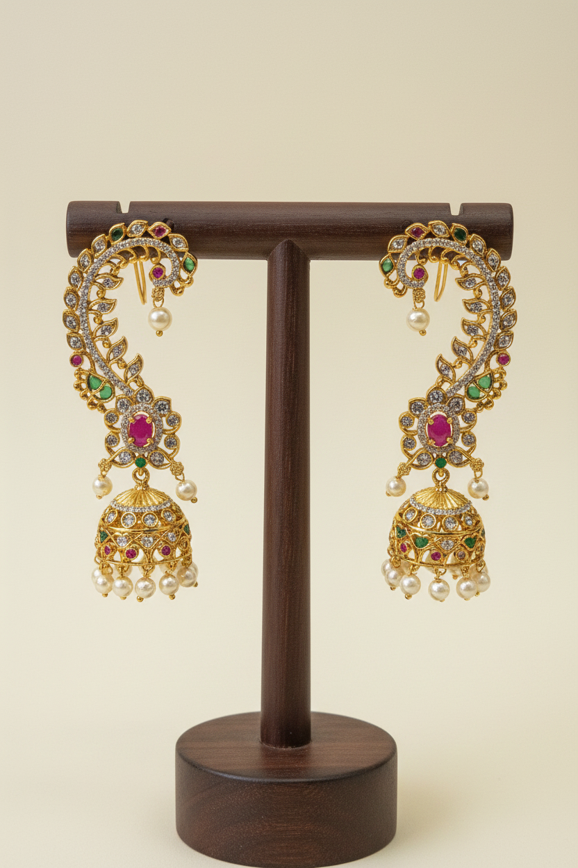 Gold CZ Ear Cuff Jhumka - dark brown stand