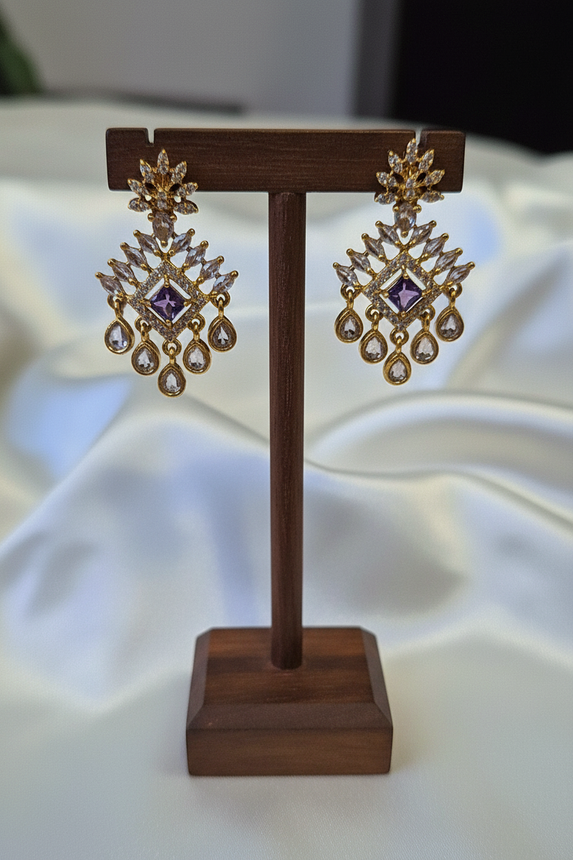 Gold Purple Amethyst CZ Chandelier - dark brown stand