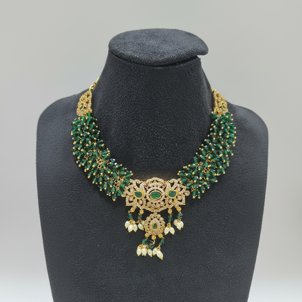 Emerald Green Crystal Bead Necklace on plain background