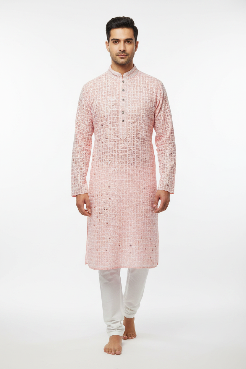 Men's Light Pink XO Chikankari Kurta Pyjama Set