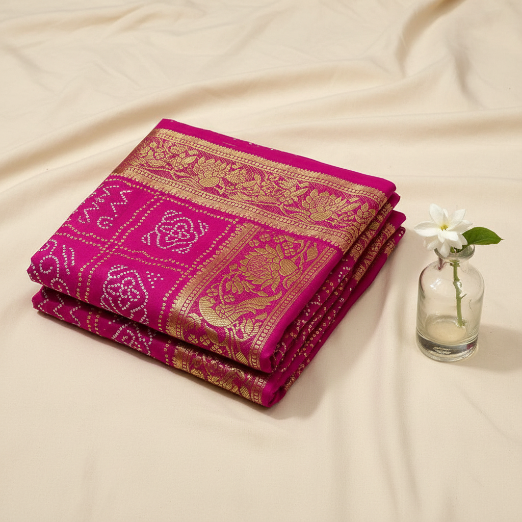 Pink Bandhani Kanjivaram saree on cream background with flower vase