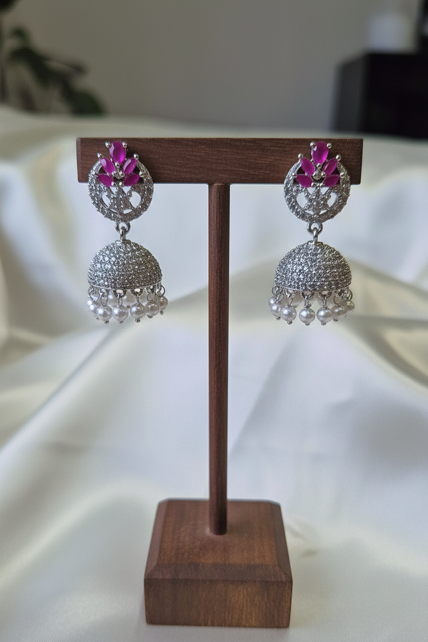 Silver Pink Ruby CZ Jhumka - dark brown stand