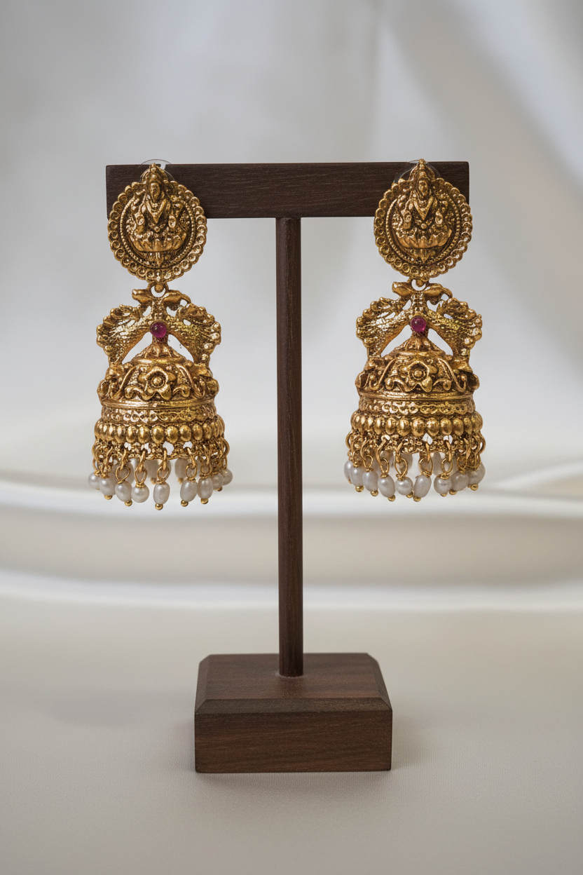 Gold Antique Lakshmi Peacock Jhumka - dark brown stand