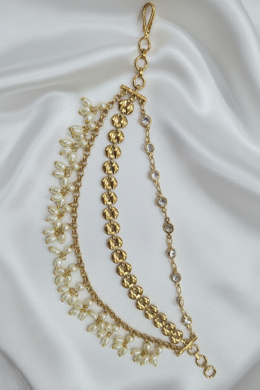Gold Floral Pearl Ear Chain on White Satin