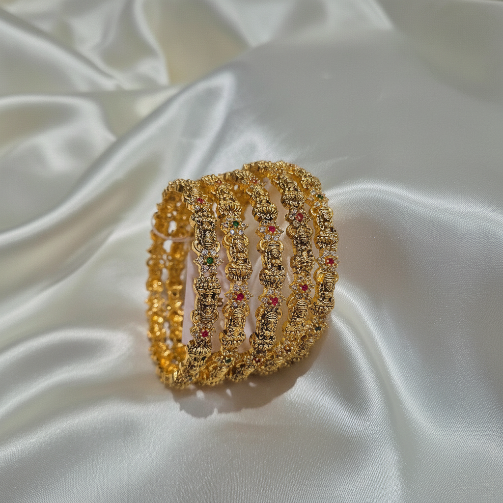 Temple Jewellery Lakshmi Motif Bangle Set Pink Green - Enhanced product shot on white satin