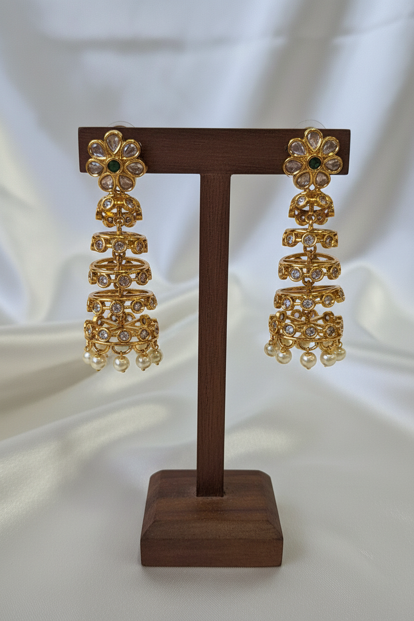 Gold Kundan Flower Cage Jhumka - dark brown stand