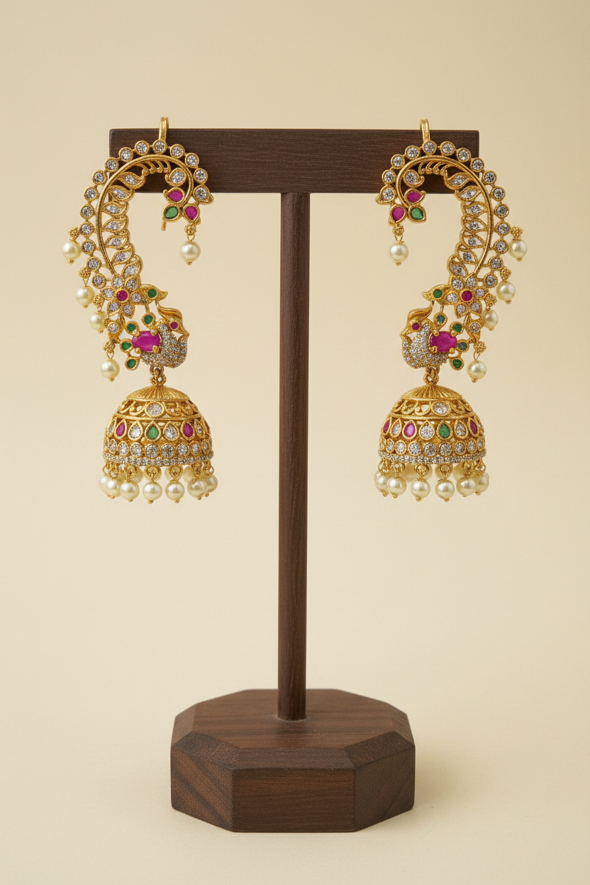 Gold Peacock Ear Cuff Jhumka - dark brown stand