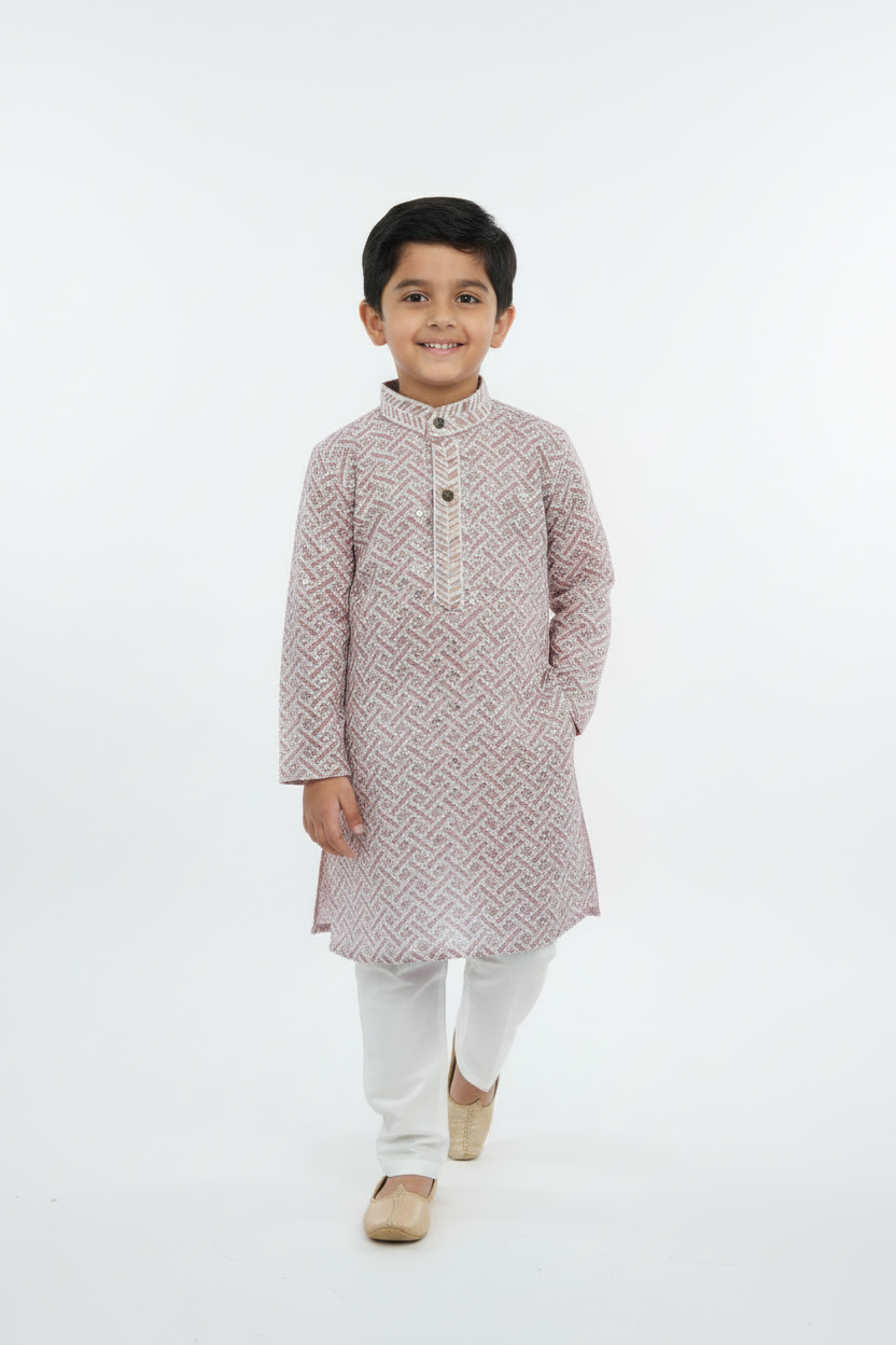 Boys Mauve Pink Chikankari Kurta Pyjama Set