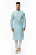 Men's sky blue chikankari kurta with white pant set