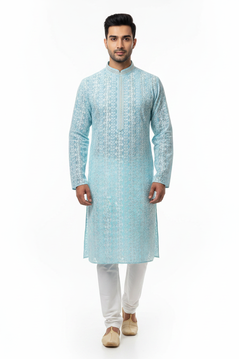 Men's sky blue chikankari kurta with white pant set