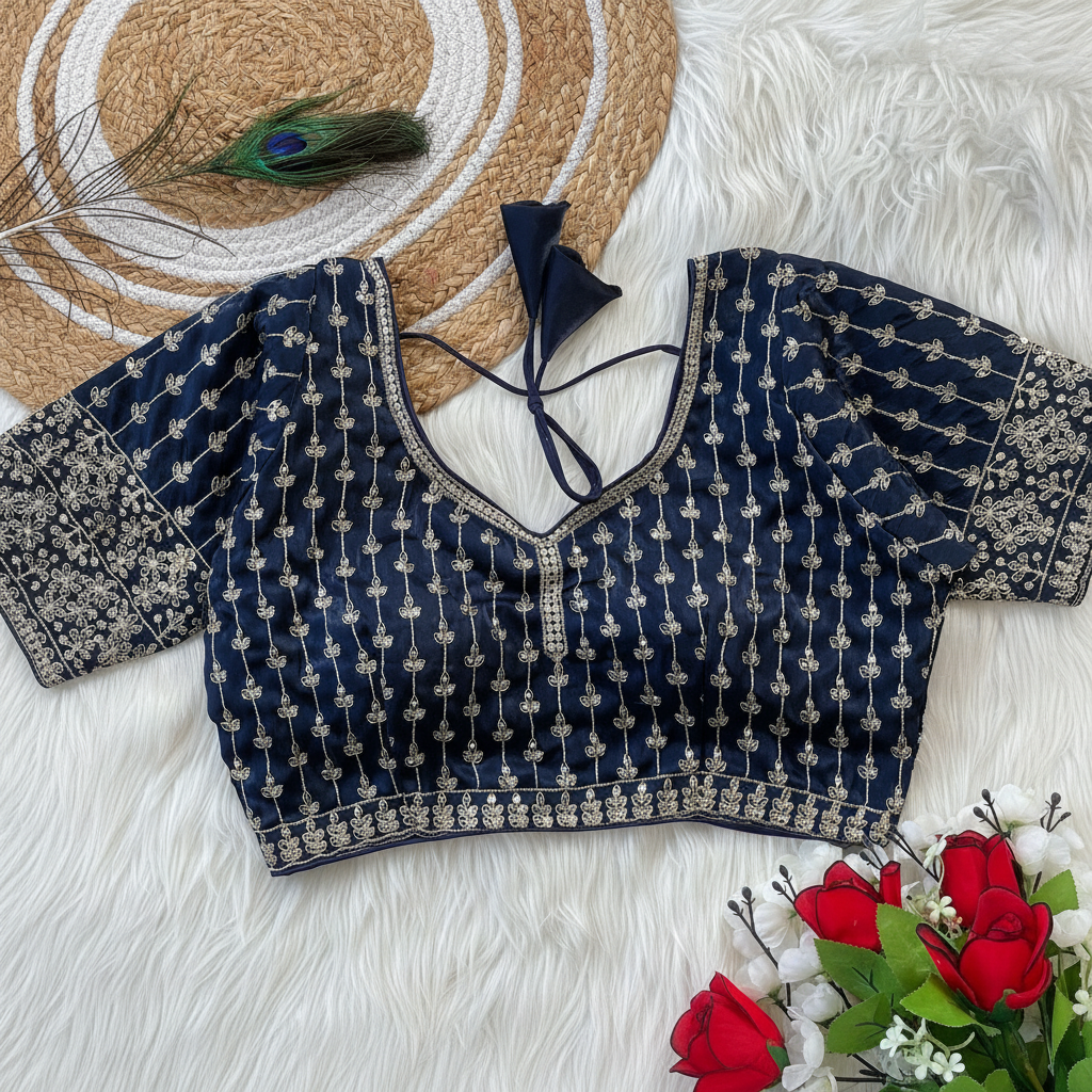 Navy Embroidered Silk Blouse - Display