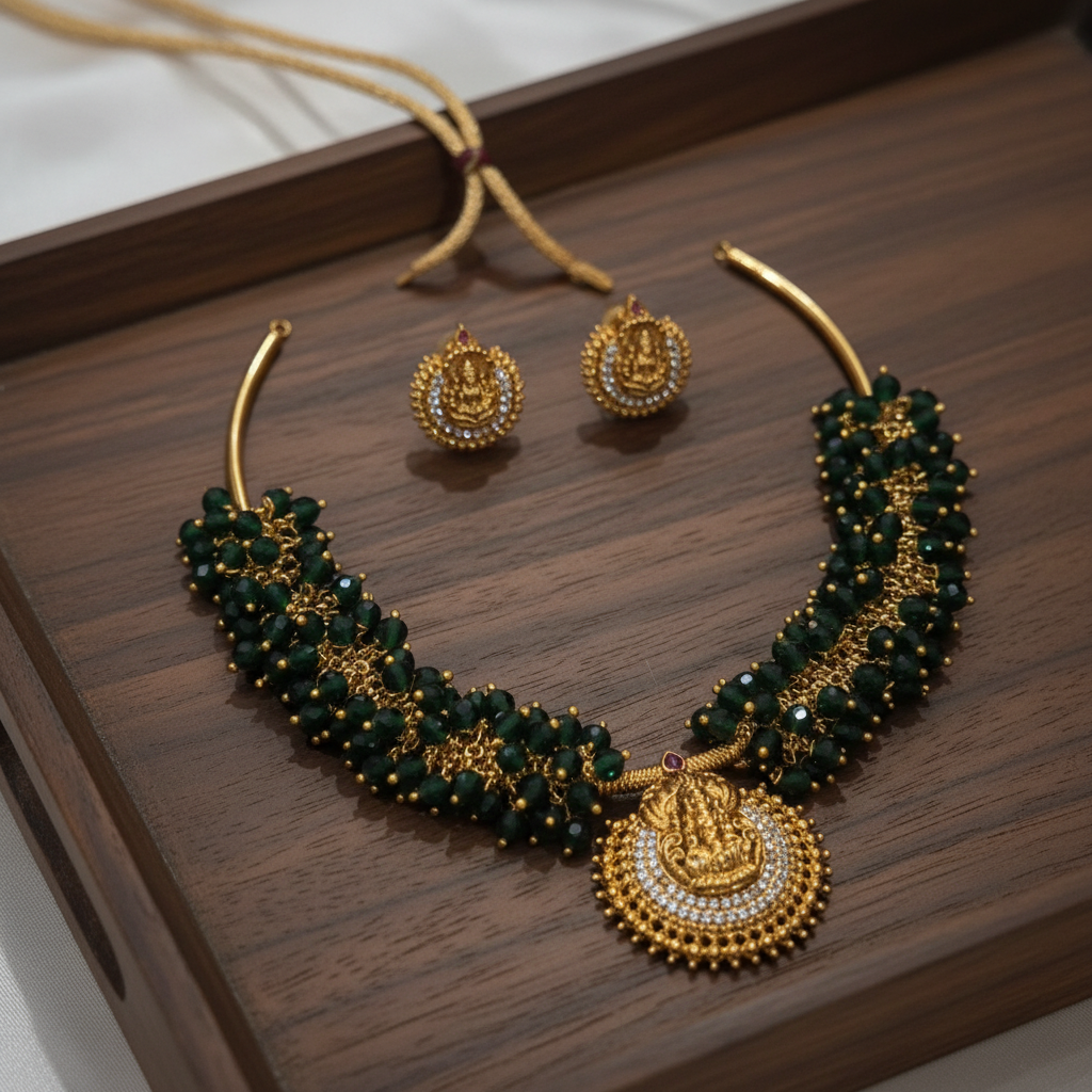 Emerald green temple choker set on wooden tray