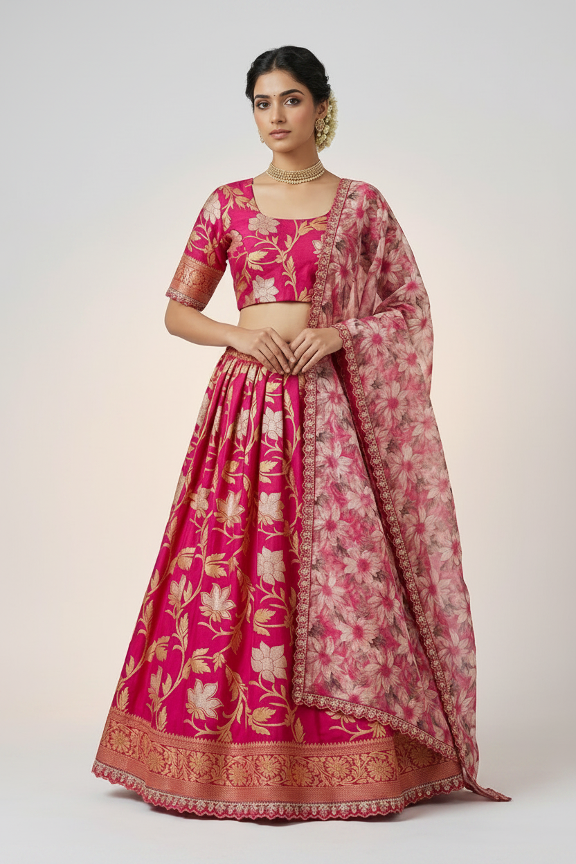 Golden Khadi Lehenga Set - model shot