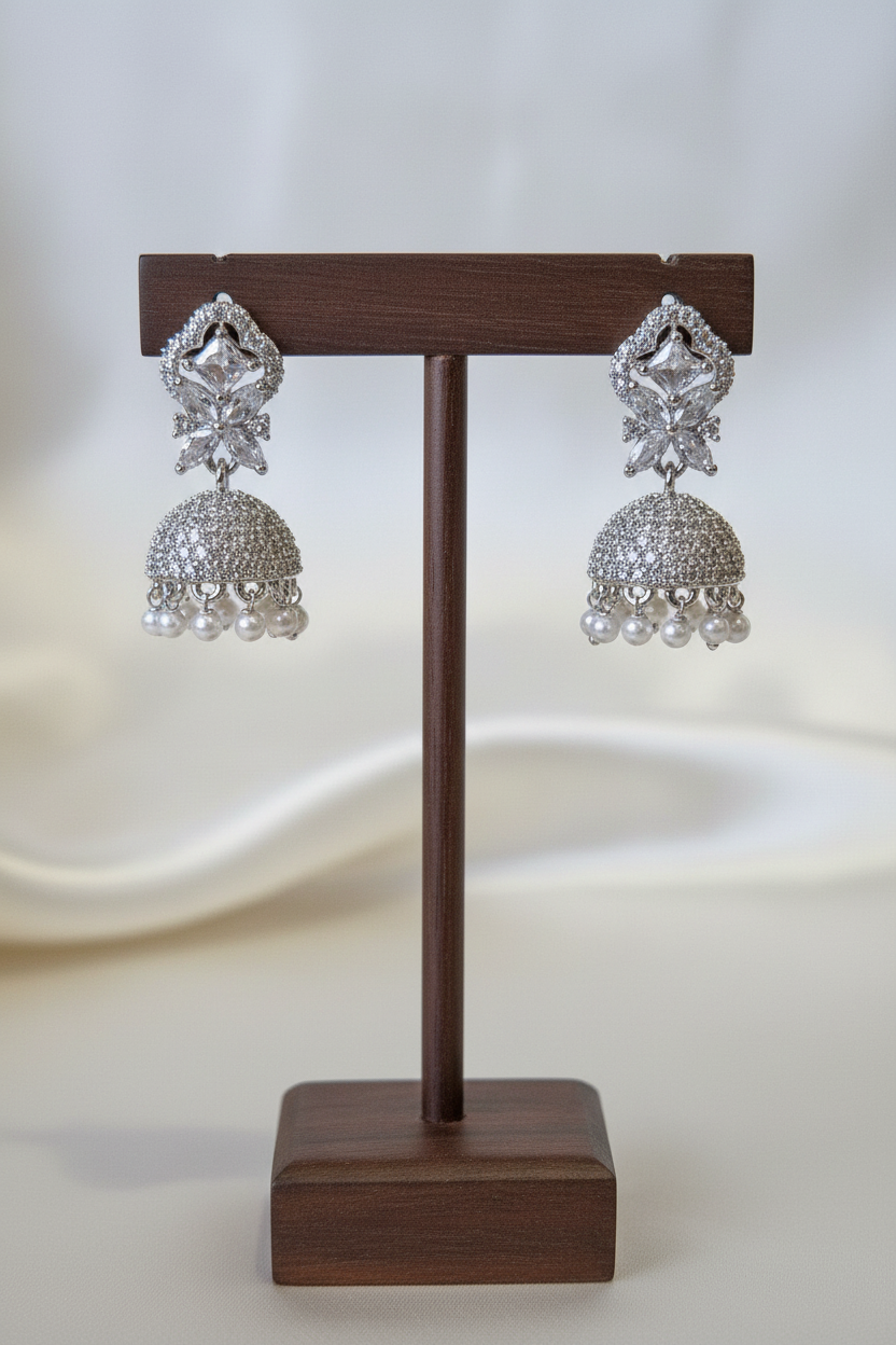 Silver Clear CZ Butterfly Jhumka - dark brown stand