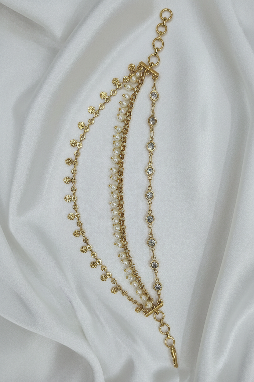 Gold Pearl Multi-Strand Ear Chain on White Satin
