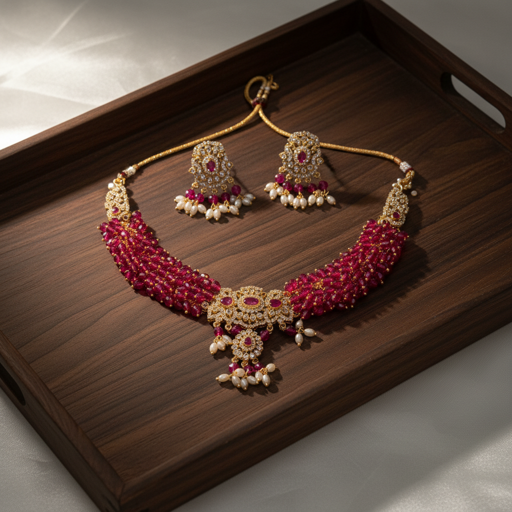 Ruby red polki choker set on wooden tray