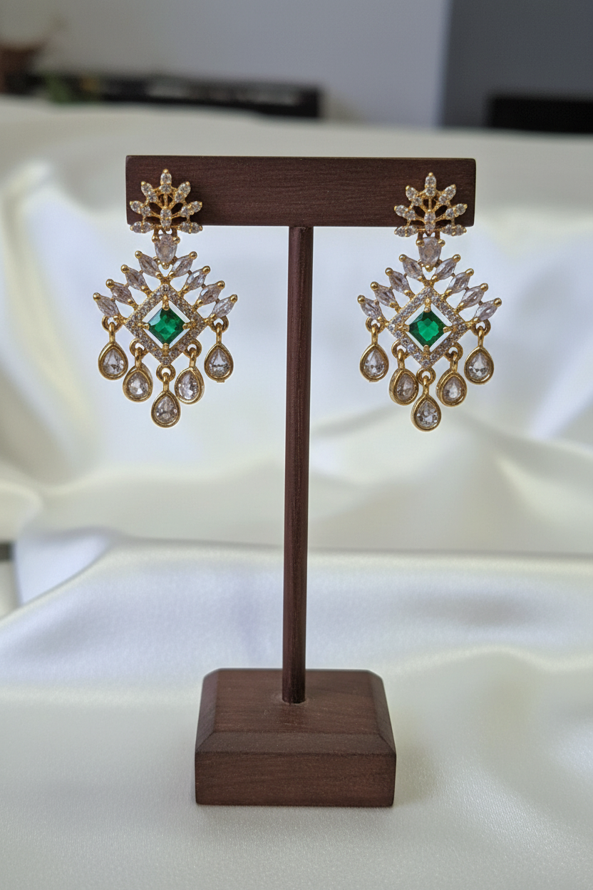 Gold Emerald CZ Chandelier - dark brown stand 2