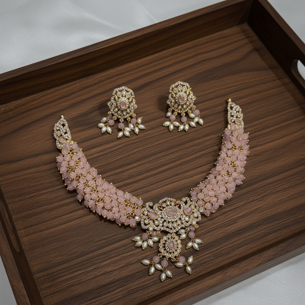 Blush pink choker set on wooden tray