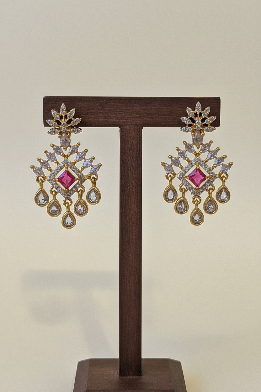 Gold Pink Ruby CZ Chandelier - dark brown stand