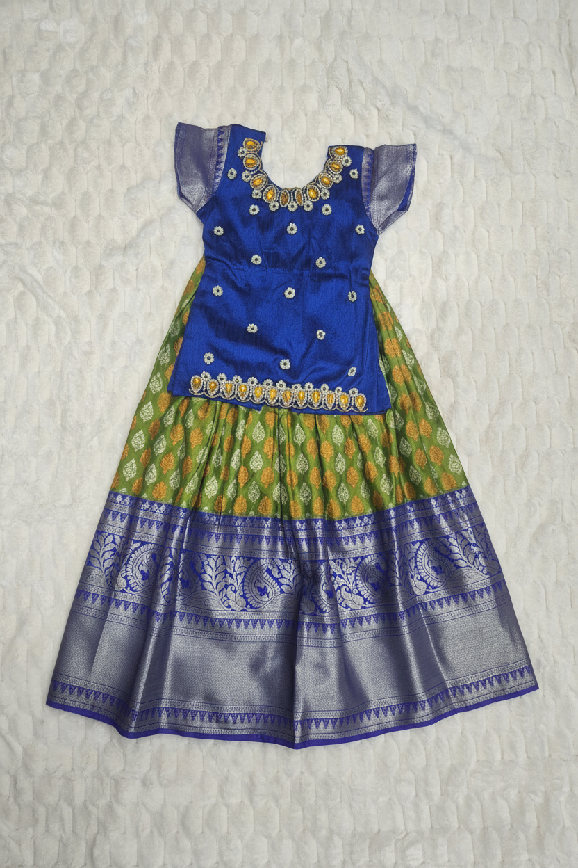 Royal Blue Olive Green Pattu Pavadai on white satin