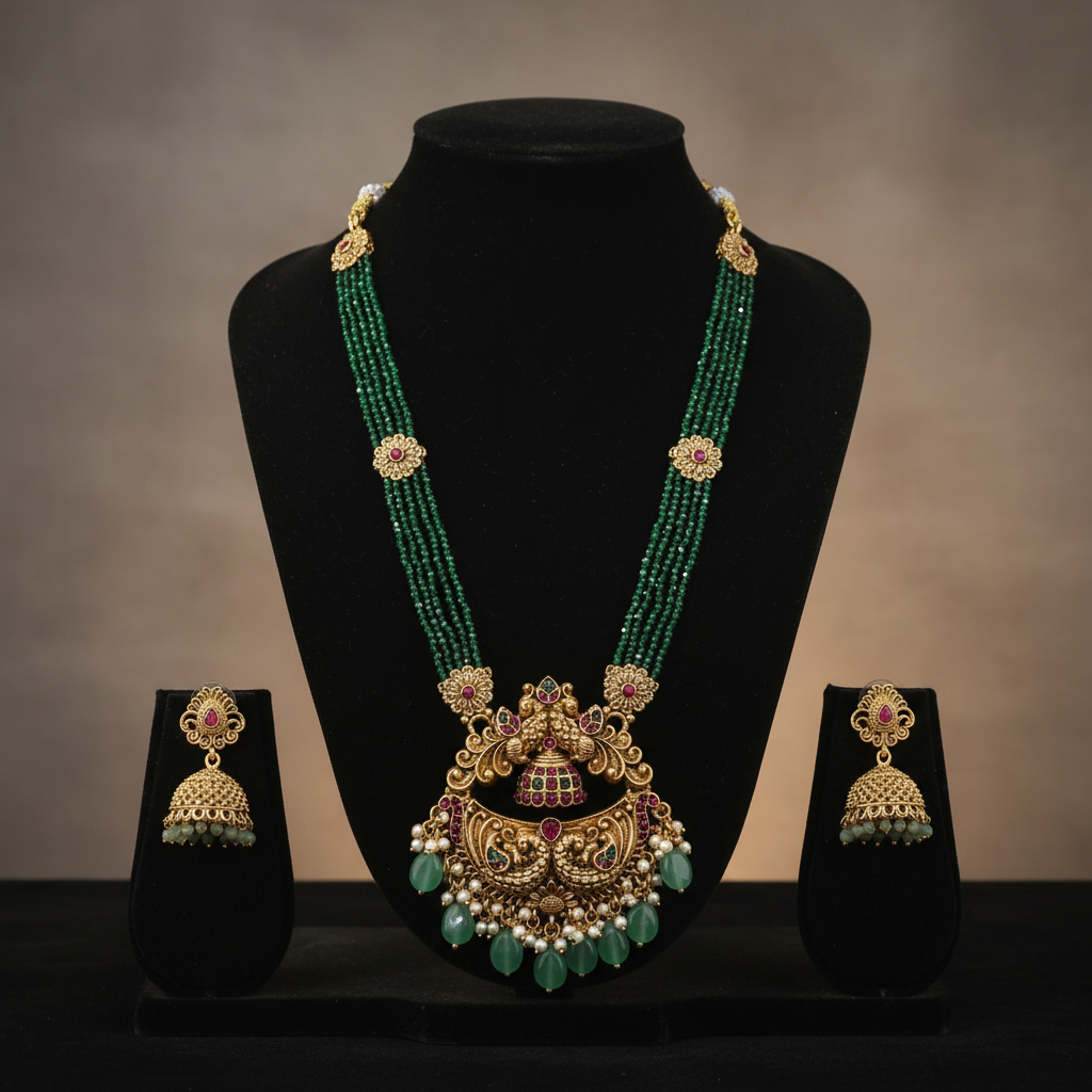 Emerald peacock long necklace on display stand