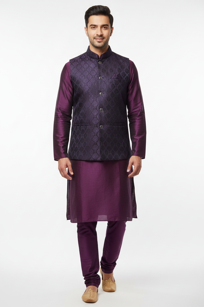 Men's Deep Purple 3-Piece Kurta Pyjama Set with brocade waistcoat