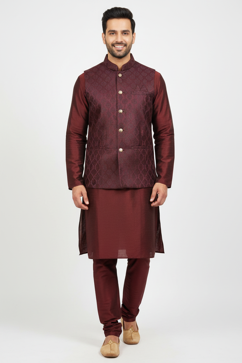 Men's Wine Maroon 3-Piece Kurta Pyjama Set with brocade waistcoat